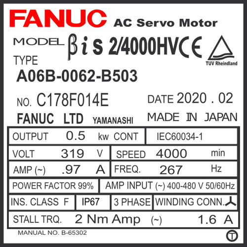A06B-0062-B503 - AC SERVO MDL BiS2/4000HV, ST, KEY, 24v BRK, b128ia