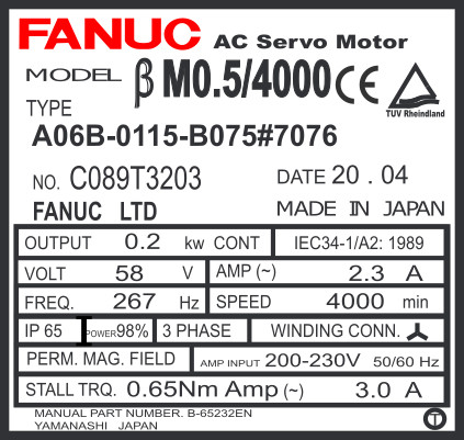 A06B-0115-B075#7076 - AC SERVO MDL BM0.5/4000, ST, KEY, bA64b, IP67