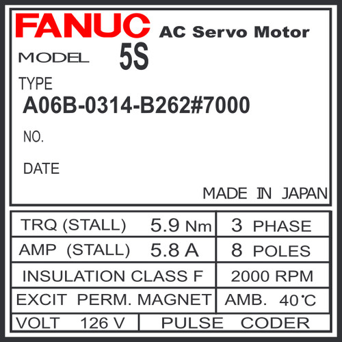 A06B-0314-B262#7000 - AC SERVO MDL 5S, TPR, BRK, CAST, 12,5000P HR