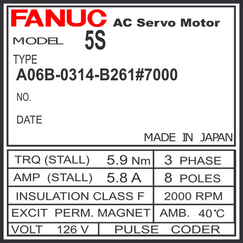 A06B-0314-B261#7000 - AC SERVO MDL 5S, TPR, BRK, CAST, 10,000P HR