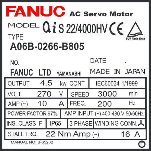 A06B-0266-B805 - AC SERVO MOTOR MDL AiS22/4000HV, ST, KEY, 90V BRK a64ia