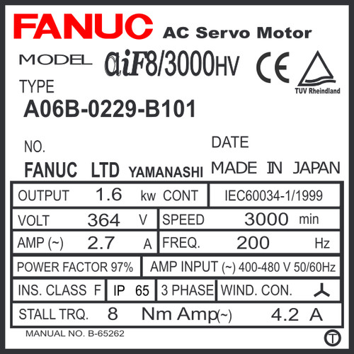 A06B-0229-B101 - AC SERVO MOTOR MDL AiF8/3000HV, ST, SLK, i1000