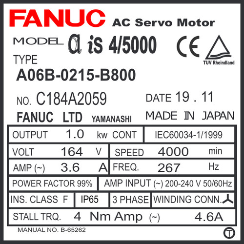 A06B-0215-B800 - AC SERVO MOTOR MDL AiS4/5000, ST, KEY, 90v BRK, a1000