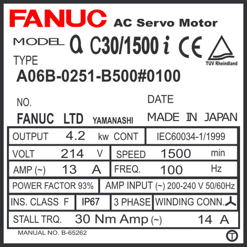 A06B-0251-B500#0100 - AC SERVO MDL AC30/1500i, ST, KEY, 24v BRK, a1000, IP67
