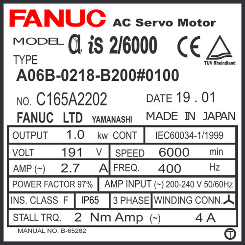 A06B-0218-B200#0100 - AC SERVO MOTOR MDL AiS2/6000, ST, KEY, a1000, IP67
