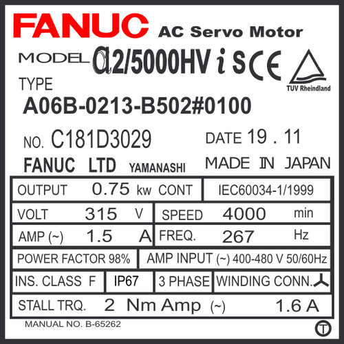 A06B-0213-B502#0100 - AC SERVO MDL AiS2/5000HV, ST, KEY, 24v BRK, i1000, IP67