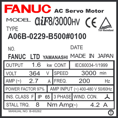 A06B-0229-B500#0100 - AC SERVO MDL AiF8/3000HV, ST, KEY, 24v BRK, a1000, IP67