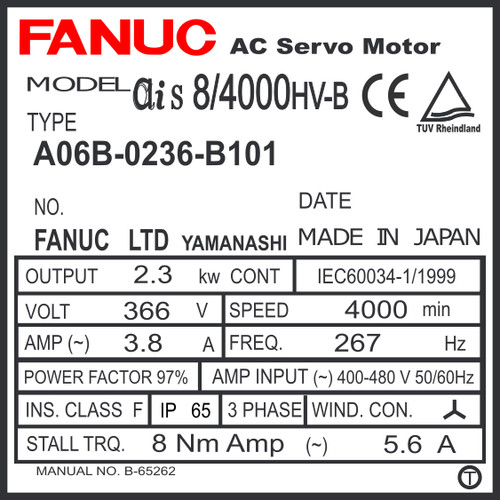 A06B-0236-B101 - AC SERVO MOTOR MDL AiS8/4000HV, ST, SLK, i1000