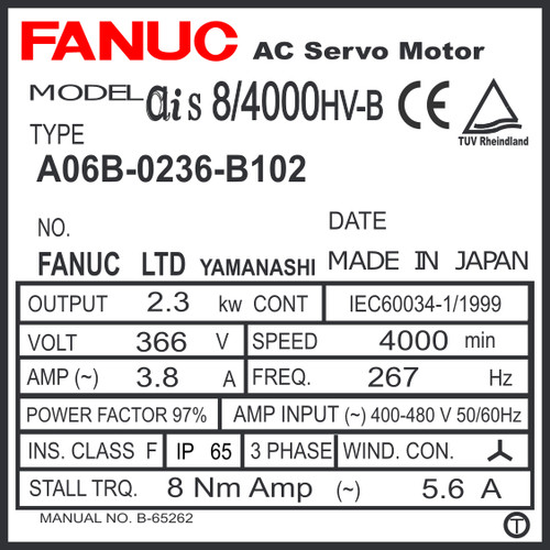 A06B-0236-B102 - AC SERVO MOTOR MDL AiS8/4000HV, ST, SLK, a16000