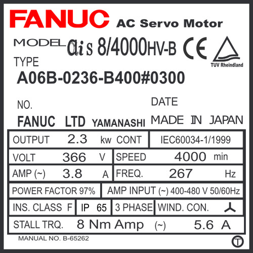 A06B-0236-B400#0300 - PRECISE AC SERVO MDL AiS8/4000HV, ST, SLK, 24v BRK, a1000