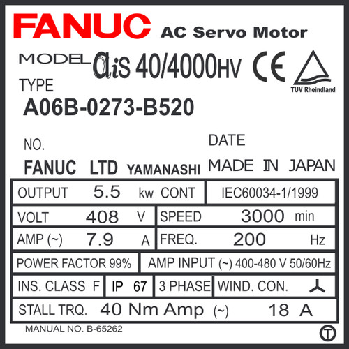 A06B-0273-B520 - AC SERVO MOTOR MDL AiS40/4000HV, ST, KEY, 24v HP BRAKE, a1000
