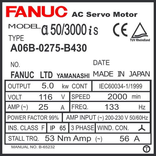 A06B-0275-B430 - AC SERVO MDL AiS50/3000, ST, SLK, 24v HP BRK, FAN, a1000