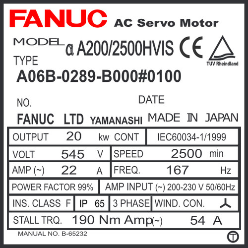 A06B-0289-B000#0100 - AC SERVO MDL AiS200/2500HV, TPR, a1000, IP67