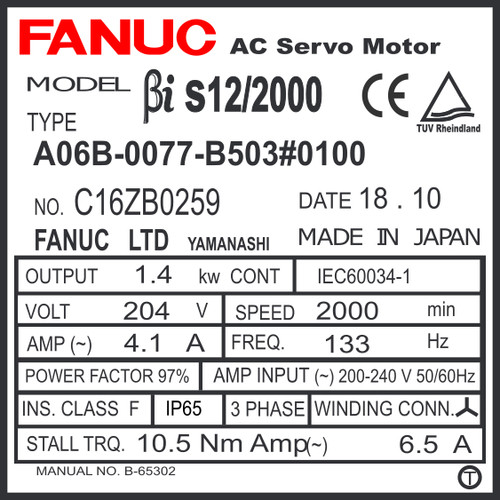 A06B-0077-B503#0100 - AC SERVO MDL BiS12/2000, ST, KEY, 24v BRK, b128ia, IP67
