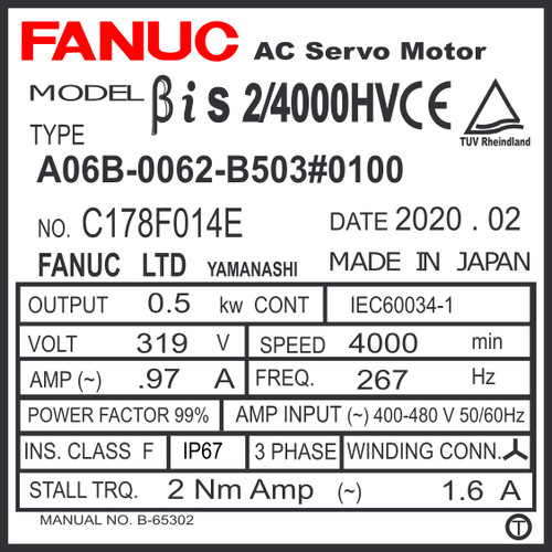 A06B-0062-B503#0100 - AC SERVO MDL BiS2/4000HV, ST, KEY, 24v BRK, b128ia, IP67