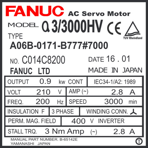 A06B-0171-B777#7000 - AC SERVO MDL A3/3000HV, ST, SLK, 24V BRK, i64