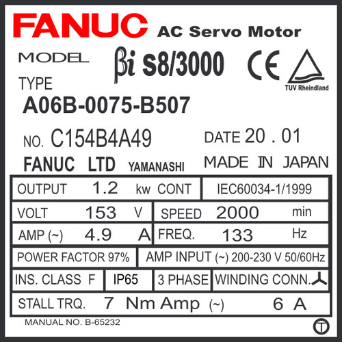 A06B-0075-B507 - AC SERVO MDL BiSc8/3000, ST, KEY, 24v BRK, BiA128