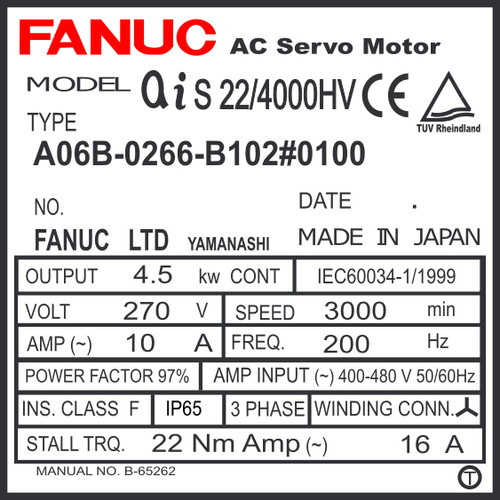 A06B-0266-B102#0100 - AC SERVO MDL AiS22/4000HV, ST, SLK, a16,000, IP67