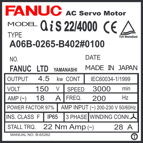 A06B-0265-B402#0100 - AC SERVO MDL AiS22/4000, ST, SLK, 24v BRK, a16,000, IP67
