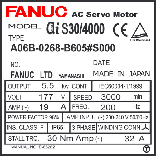 アクセサリー FANUC AC SERVO MOTOR A06B-0373-B175#S000 Fanuc A06B-0268-B605#S000 or A06B0268B605 AC Servo Motor - Fanucworld