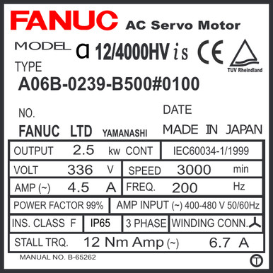 A06B-0239-B500#0100 - SEALED AC SERVO MTR MDL AiS12/4000HV, ST, KEY, 24v  BRK, a1000