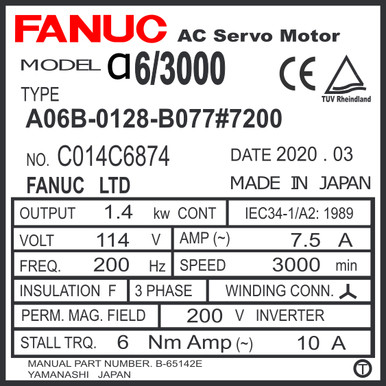 Fanuc A06B-0128-B077#7200 or A06B0128B077 AC Servo Motor