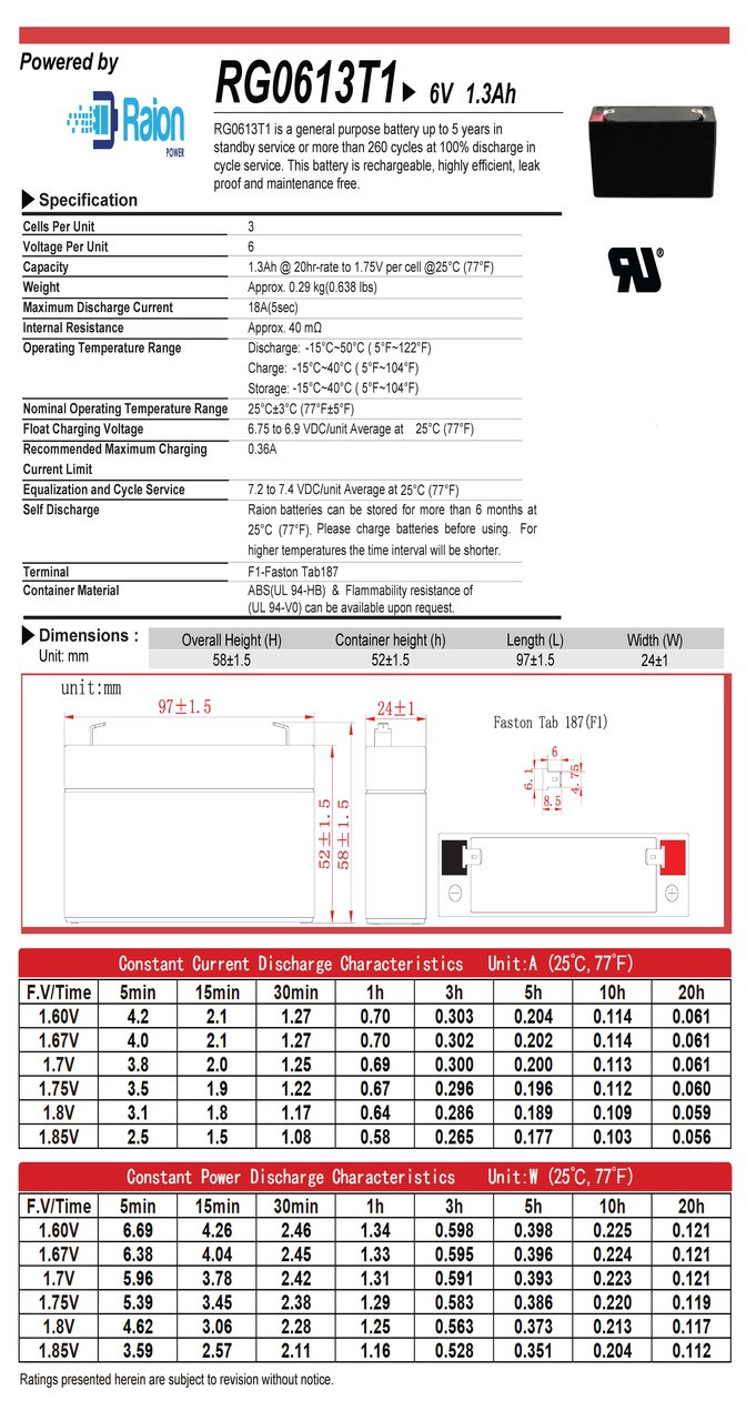 Raion Power RG0613T1 6V 1.3Ah Battery Data Sheet for Nautilus SC916