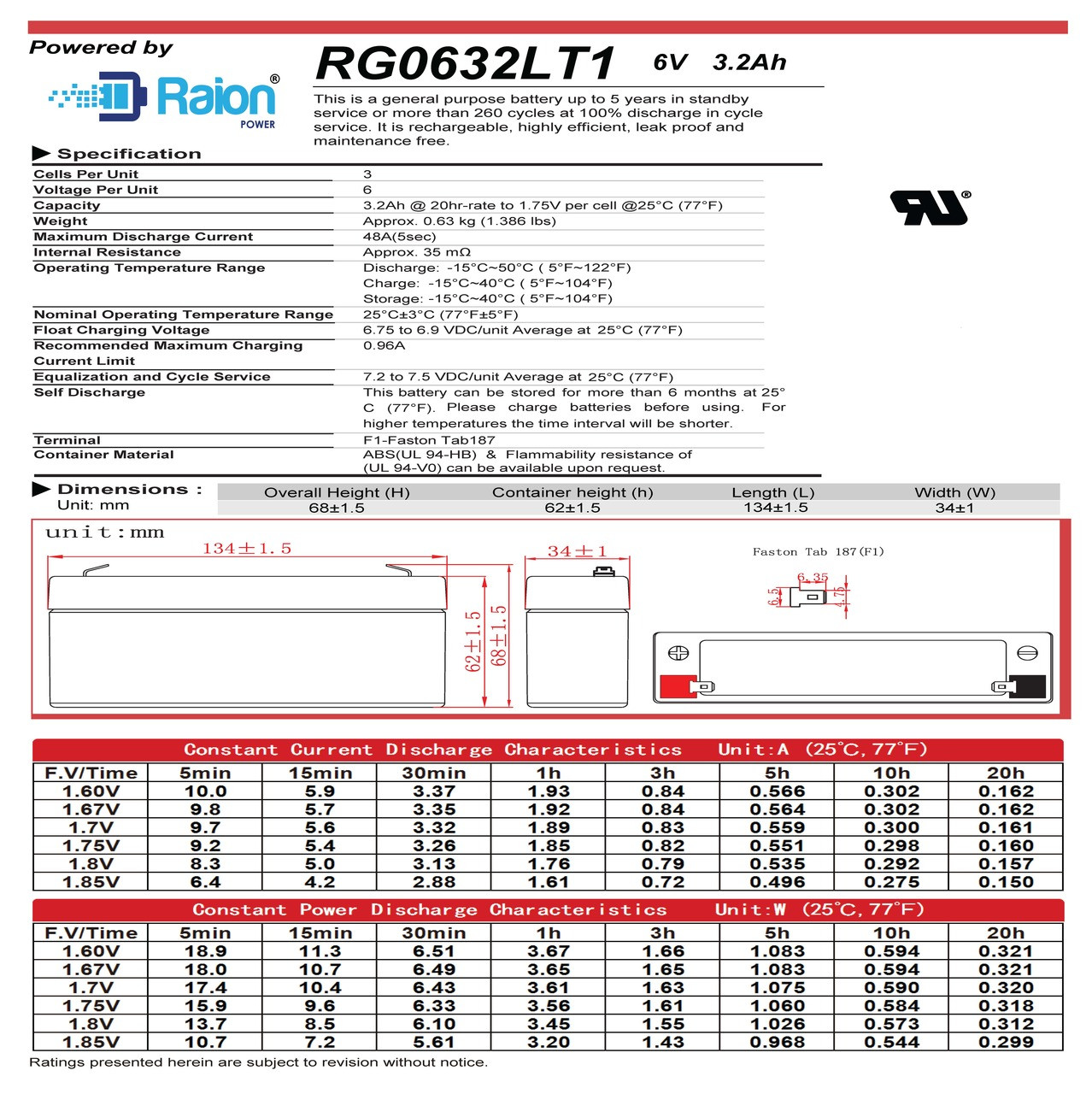 Raion Power RG0632LT1 6V 3.2Ah Battery Data Sheet for Precor 10770-102