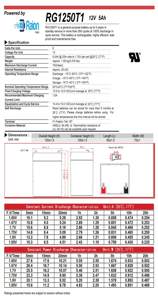 Raion Power RG1250T1 Battery Data Sheet for Precor AMT10