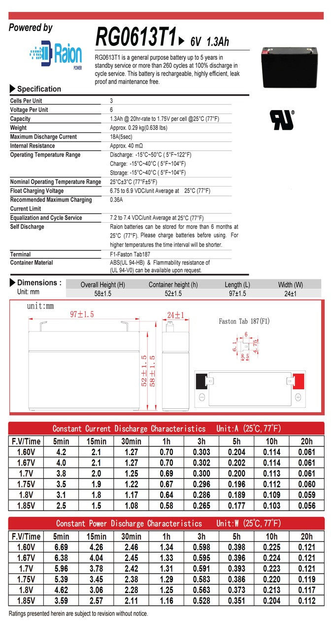 Raion Power RG0613T1 6V 1.3Ah Battery Data Sheet for Newport Medical Instruments E1001 Ventilator