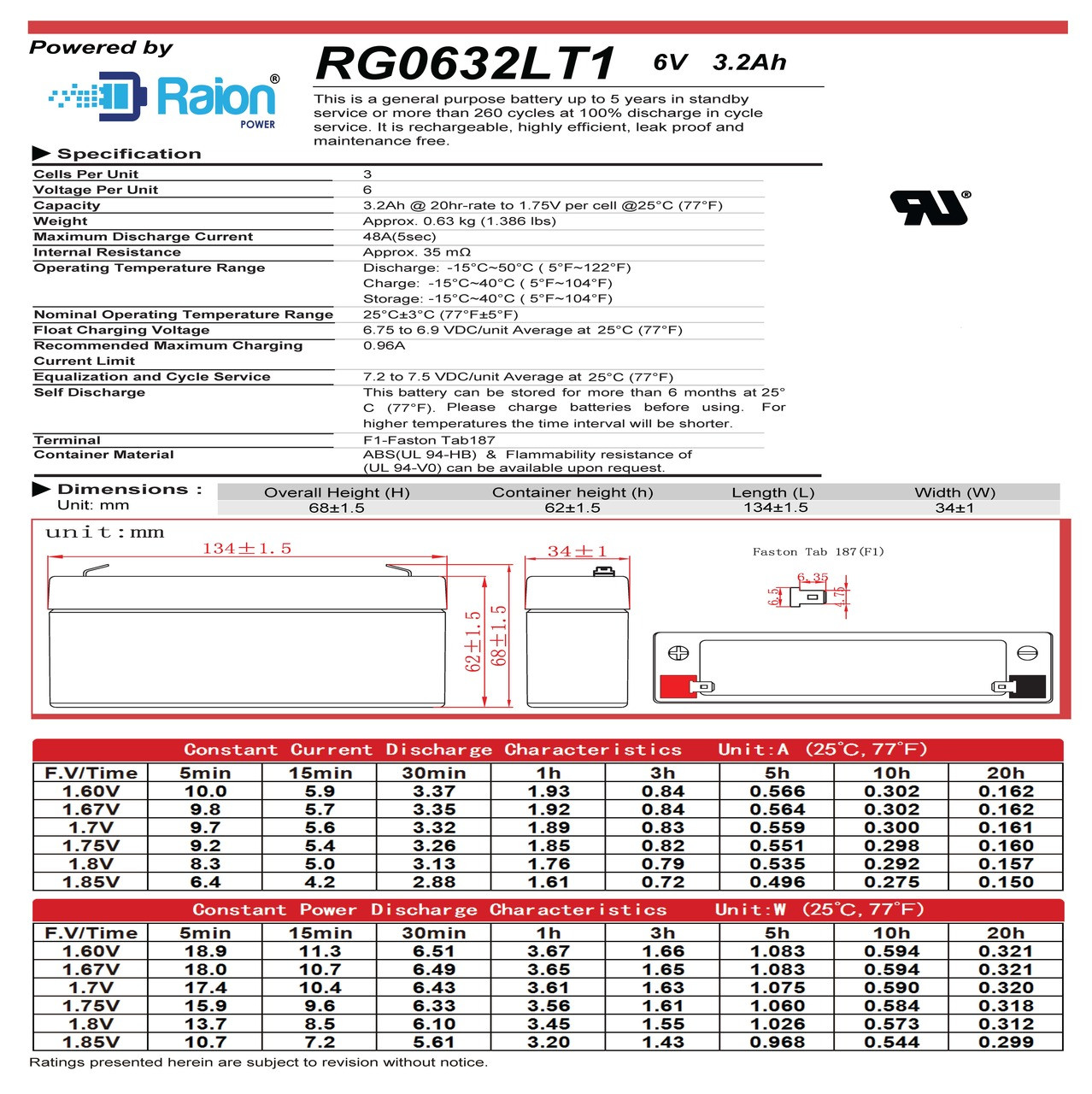 Raion Power RG0632LT1 6V 3.2Ah Battery Data Sheet for Pace Tech Inc Vitalmax 2200 ECG Monitor