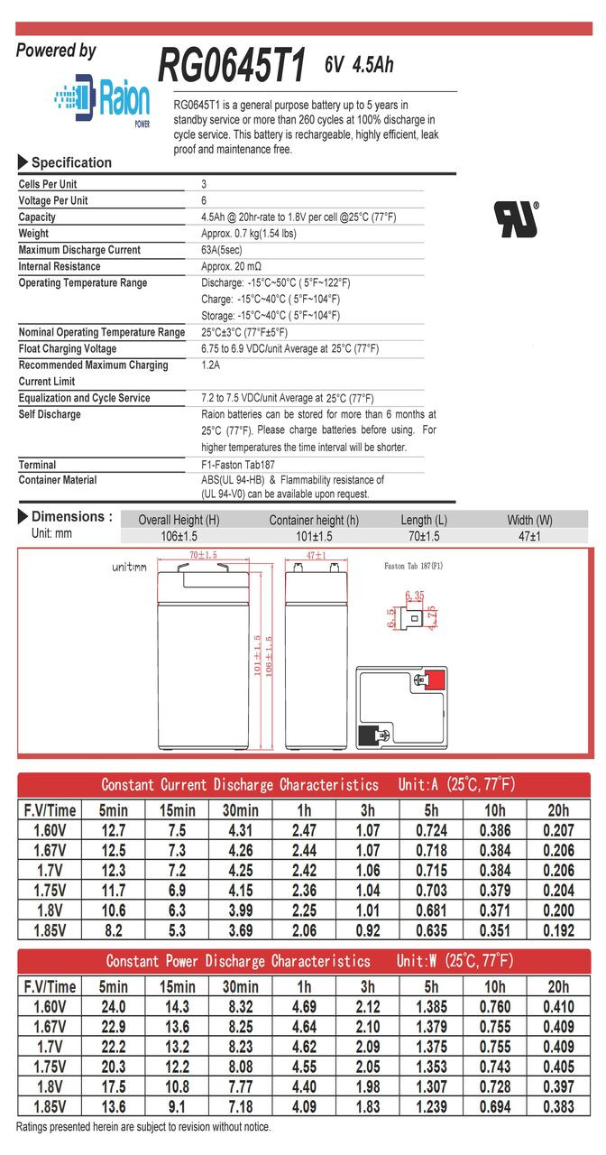Raion Power RG0645T1 Battery Data Sheet for Luxtec UltraLite Headlight System