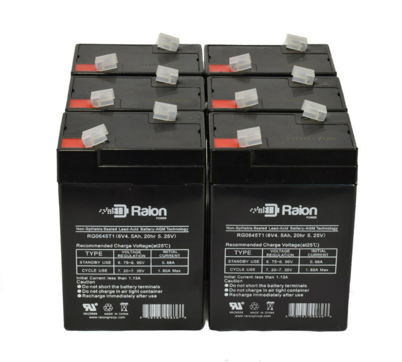 Raion Power RG0645T1 6V 4.5Ah Replacement Medical Equipment Battery for Alaris Medical 821 Intell Pump - 6 Pack