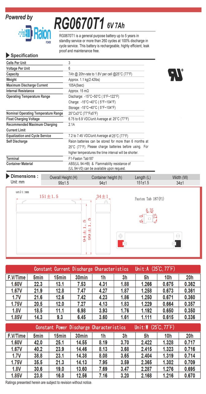 Raion Power RG0670T1 Battery Data Sheet for Medical Research Lab 550ST Monitor