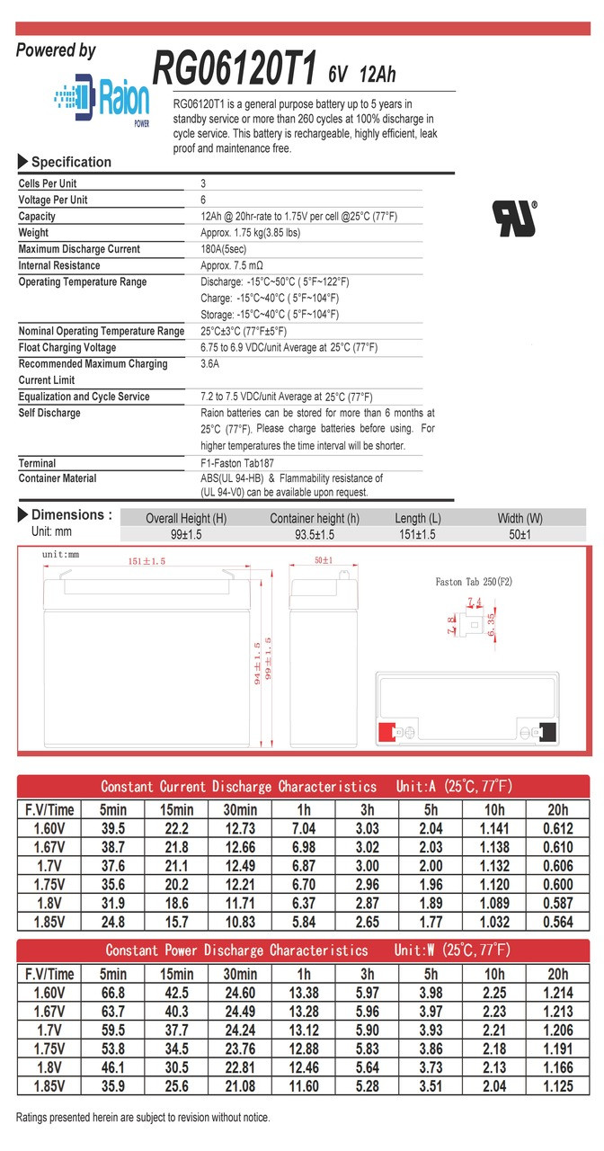 Raion Power 6V 12Ah AGM Battery Data Sheet for Alaris Medical 1320 Controller