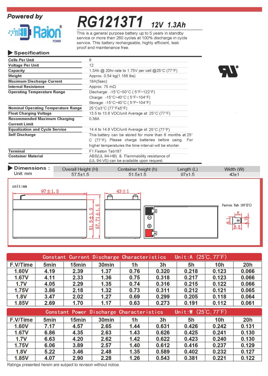 Raion Power RG1213T1 12V 1.3Ah Battery Data Sheet for Critikon 2200 Vitanet Monitor