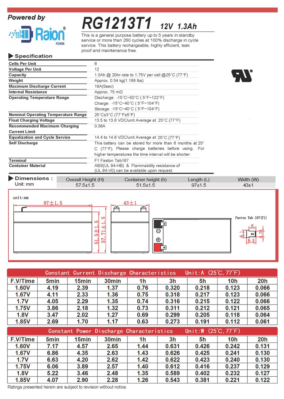 Raion Power RG1213T1 12V 1.3Ah Battery Data Sheet for DeVilbiss Healthcare Vac-U-Aide 7304-D