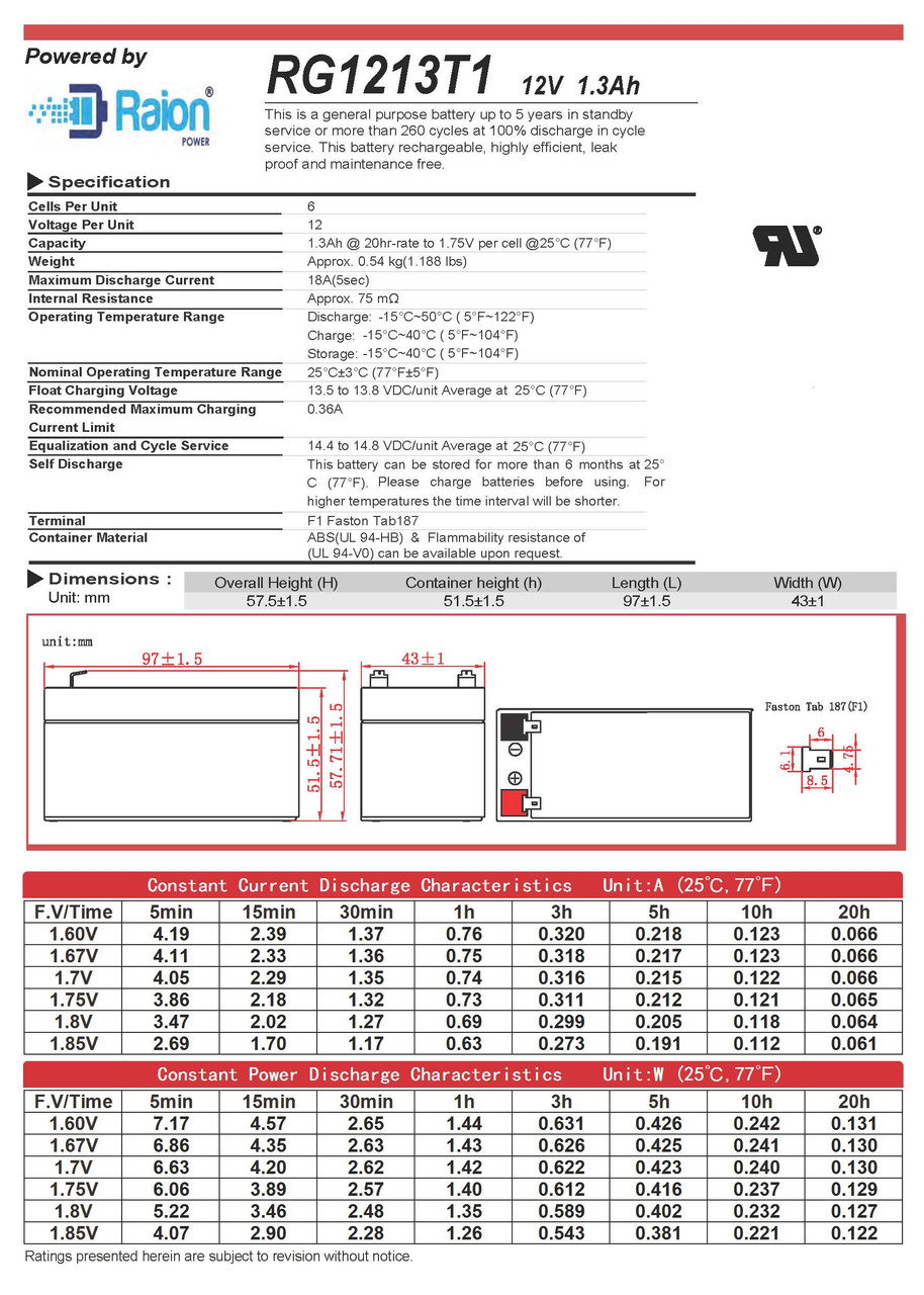 Raion Power RG1213T1 12V 1.3Ah Battery Data Sheet for MLA Medical Lab Auto 5 Patient Monitor