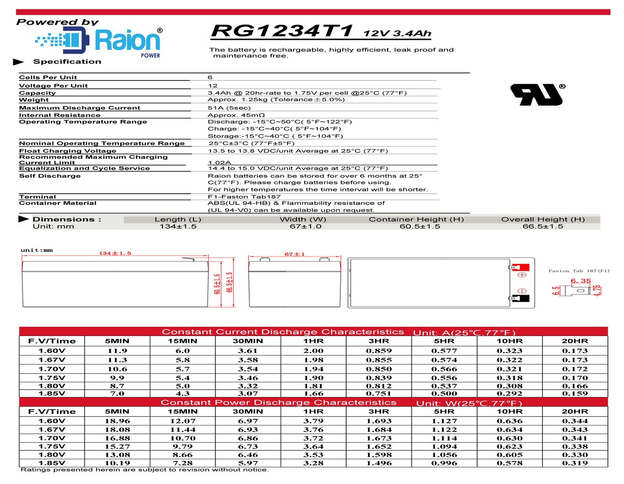 Raion Power RG1234T1 12V 3.4Ah Battery Data Sheet for Aequitron Medical 8850 Port-A-Vac