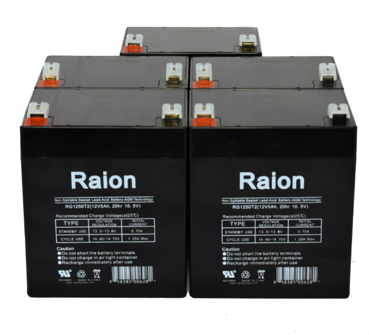 Raion Power RG1250T1 12V 5Ah Medical Battery for Arjo-Century Maxi Sky 2 Ceiling Lift - 5 Pack