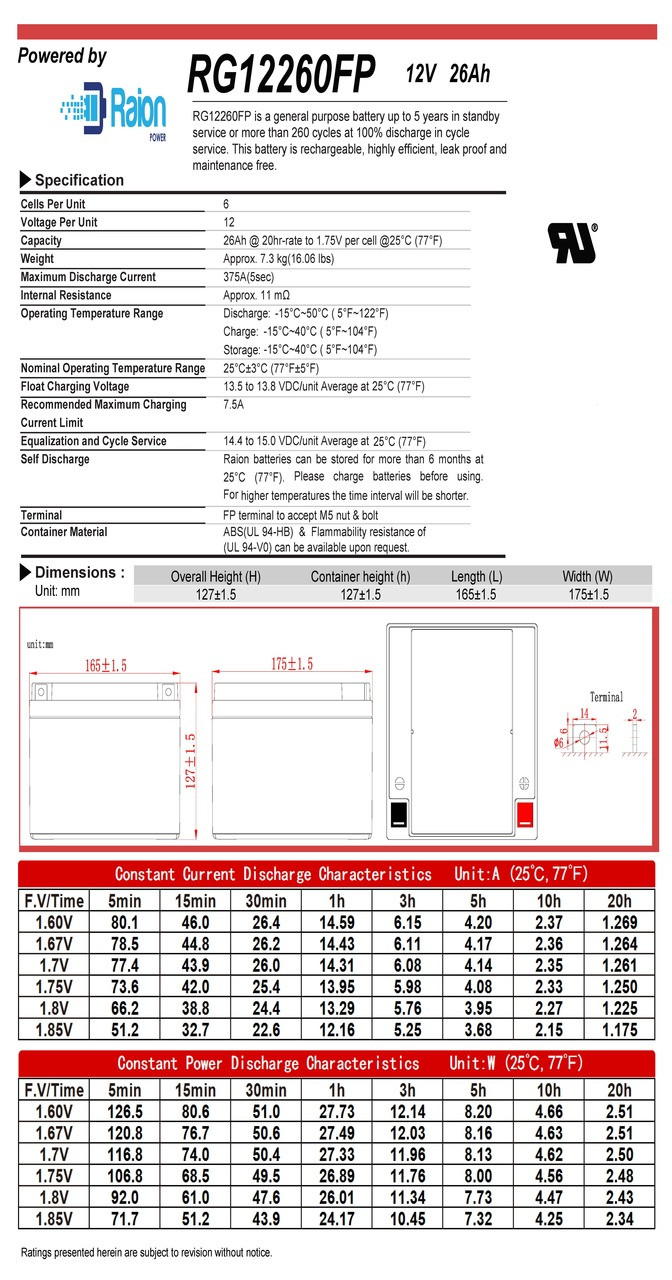 Raion Power 12V 26Ah Battery Data Sheet for Amsco Surgical Bed Motor 3080