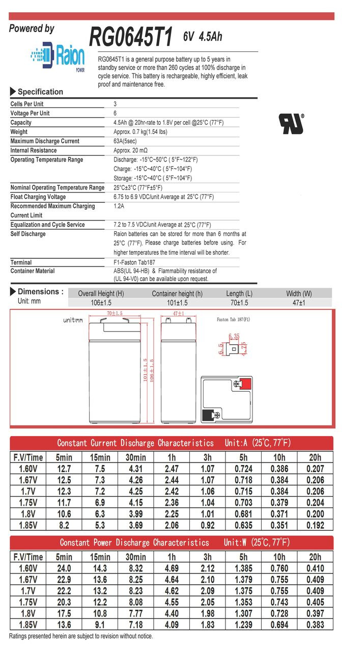 Raion Power RG0645T1 Battery Data Sheet for Lightalarms UXE8A
