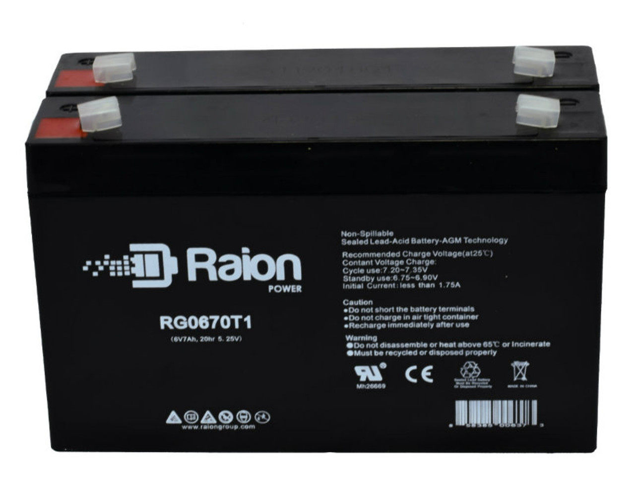 Raion Power RG0670T1 6V 7Ah Replacement Emergency Light Battery for Lightalarms E8 - 2 Pack