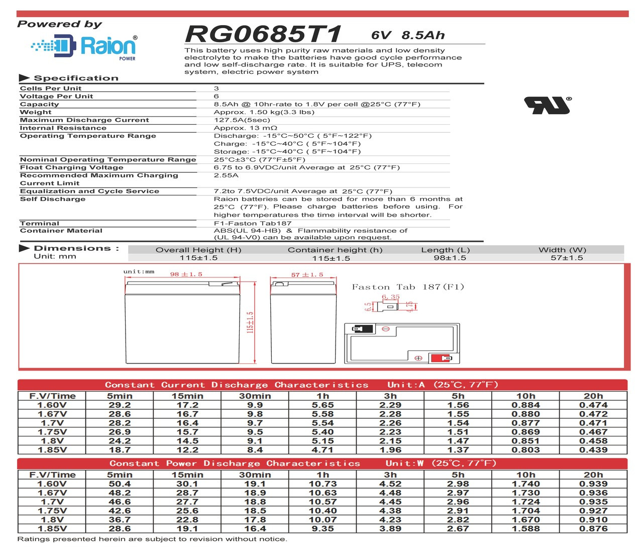 Raion Power RG0685T1 6V 8.5Ah Battery Data Sheet for IBT BT8.5-6