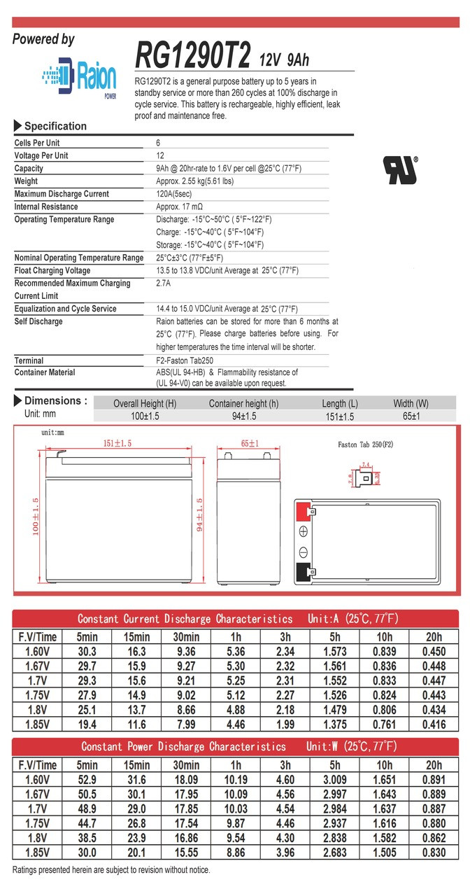 Raion Power 12V 9Ah Battery Data Sheet for Trio Lightning TL930017