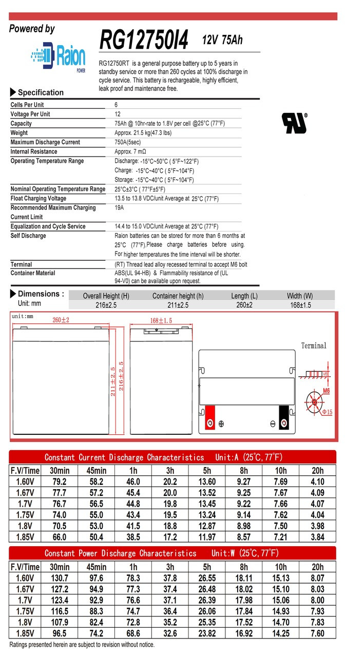 Raion Power 12V 75Ah Battery Data Sheet for ELS B12SC1922