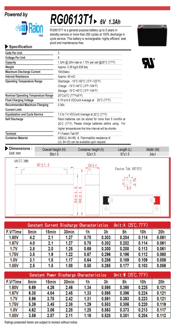 Raion Power RG0613T1 6V 1.3Ah Battery Data Sheet for GE Security 60-914