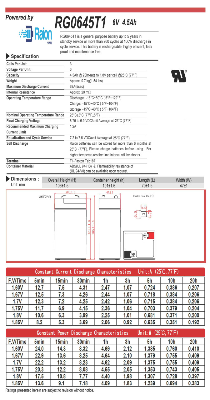 Raion Power RG0645T1 Battery Data Sheet for GE Security Caddx 60602