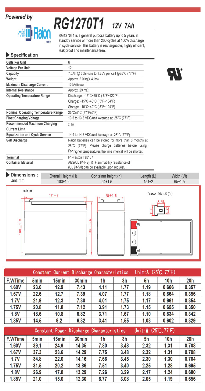 Raion Power 12V 7Ah Battery Data Sheet for Ademco 51403XM