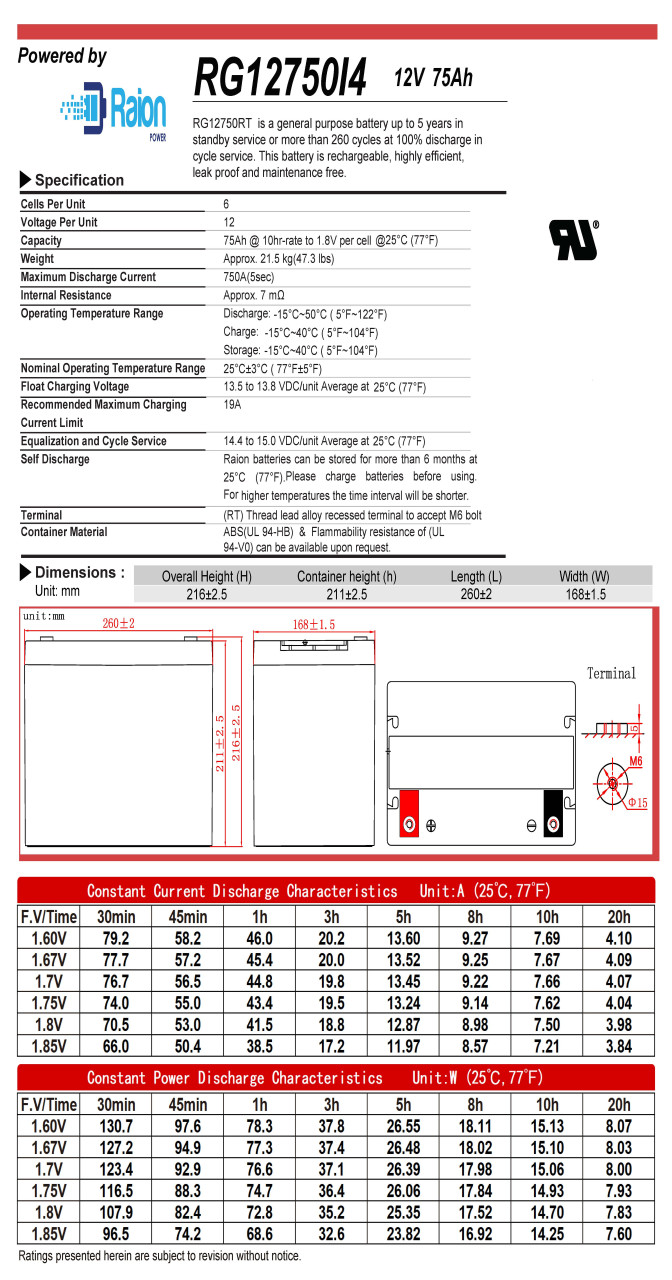 Raion Power 12V 75Ah Battery Data Sheet for Ademco PWPS12600